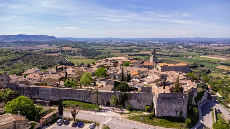 Panoramic view of the perched village of La Garde-Adhémar and the landscapes of the Provence Drôme.